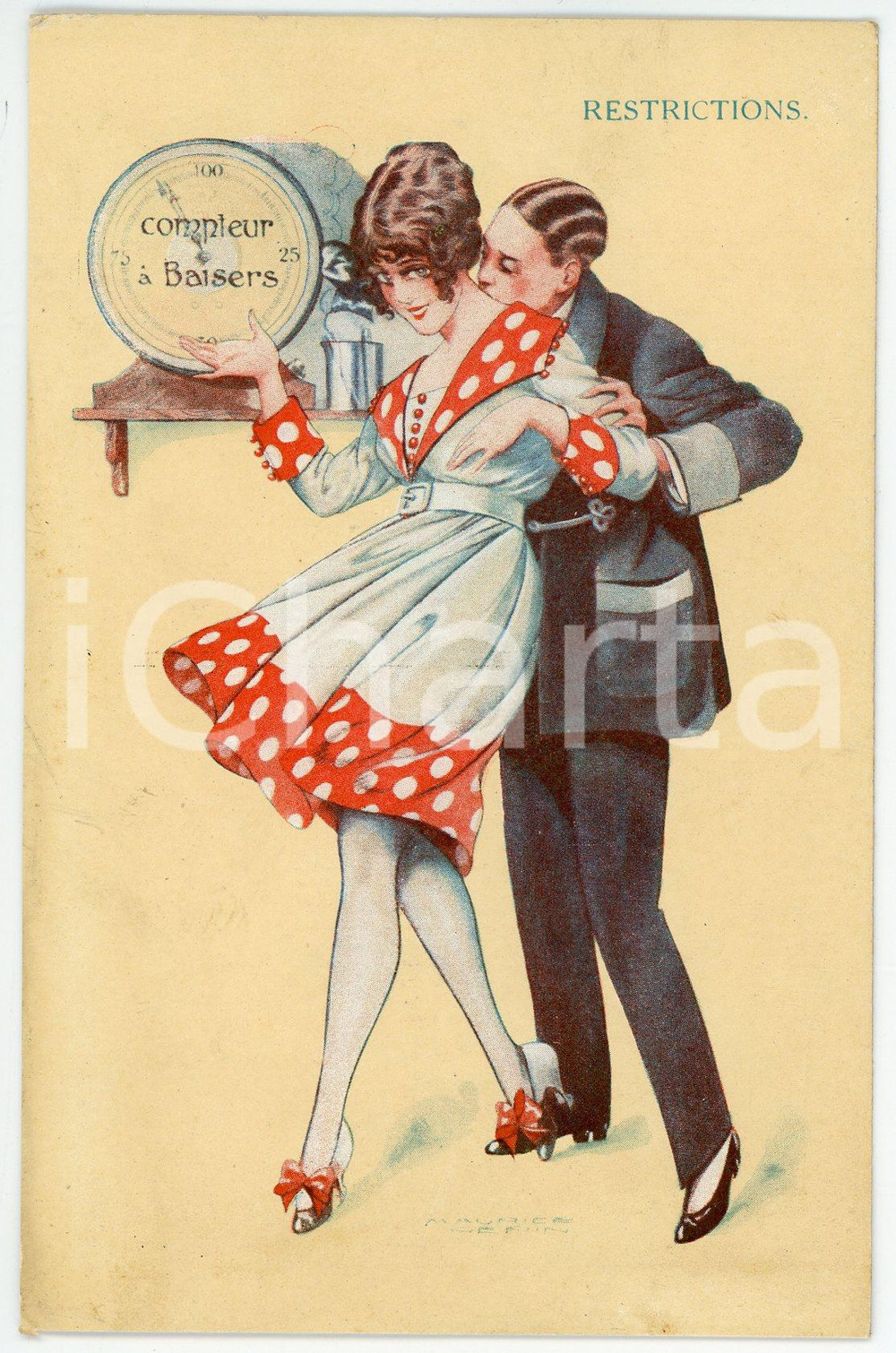 1920 ca Artist Maurice PÉPIN Restrictions - Compteur à baisers - Carte postale  Cartolina postale d'epoca, non viaggiata ma con nota manoscritta al verso.EDITORE: Editions SID - Polychrome Fancy SeriesCONDIZIONI: FAIRFORMATO: FP    originale e autentica 1