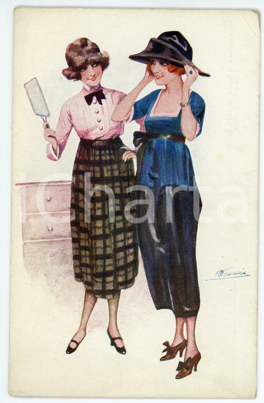 1920 ca Artist Suzanne MEUNIER Parisiennes à la mode de 1918 - Carte postale FP  Cartolina postale d'epoca, non viaggiata.EDITORE: Marque L.E. Paris - Serie 62 n.1CONDIZIONI: FAIRFORMATO: FP    originale e autentica 1