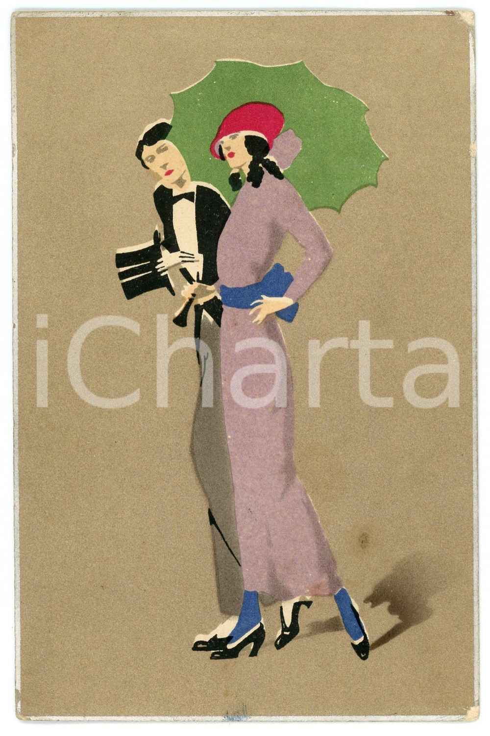 1913 ART DECO - FASHION - Elegant couple - Illustrated old postcard  Cartolina postale d'epoca, illustrata, viaggiata ma francobollo asportato).CONDIZIONI: P (piegature angolari con abrasioni)FORMATO: FP    originale e autentica 1