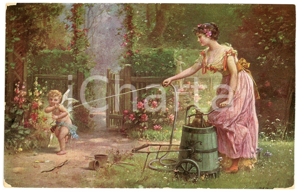 1915 Artist HANS ZATZKA - Woman watering Cupid - Postcard  Cartolina postale d'epoca, viaggiata.CONDIZIONI: F (abrasioni angolari e minime mancanze di pellicola ai lati).FORMATO: FP    originale e autentica 1