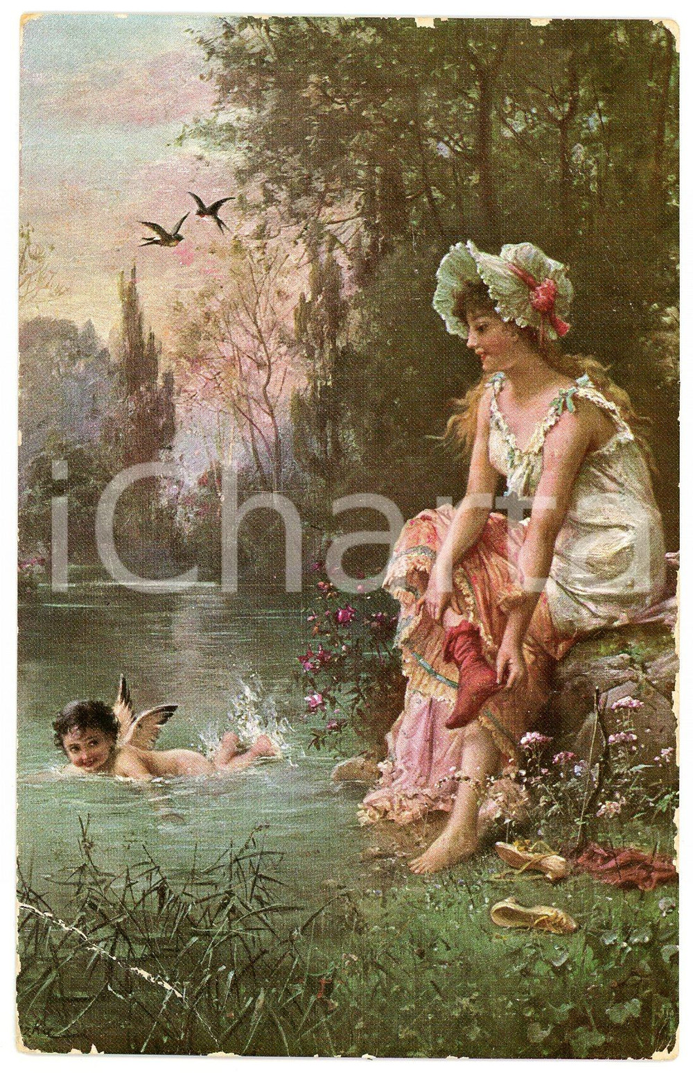1915 ca - Artist HANS ZATZKA - Woman at the lake with cupid - Postcard  Cartolina postale d'epoca, non viaggiata.Illustratore: Hans Zatzka.CONDIZIONI: P (abrasioni marginali e piegatura angolare evidente).FORMATO: FP    originale e autentica 1