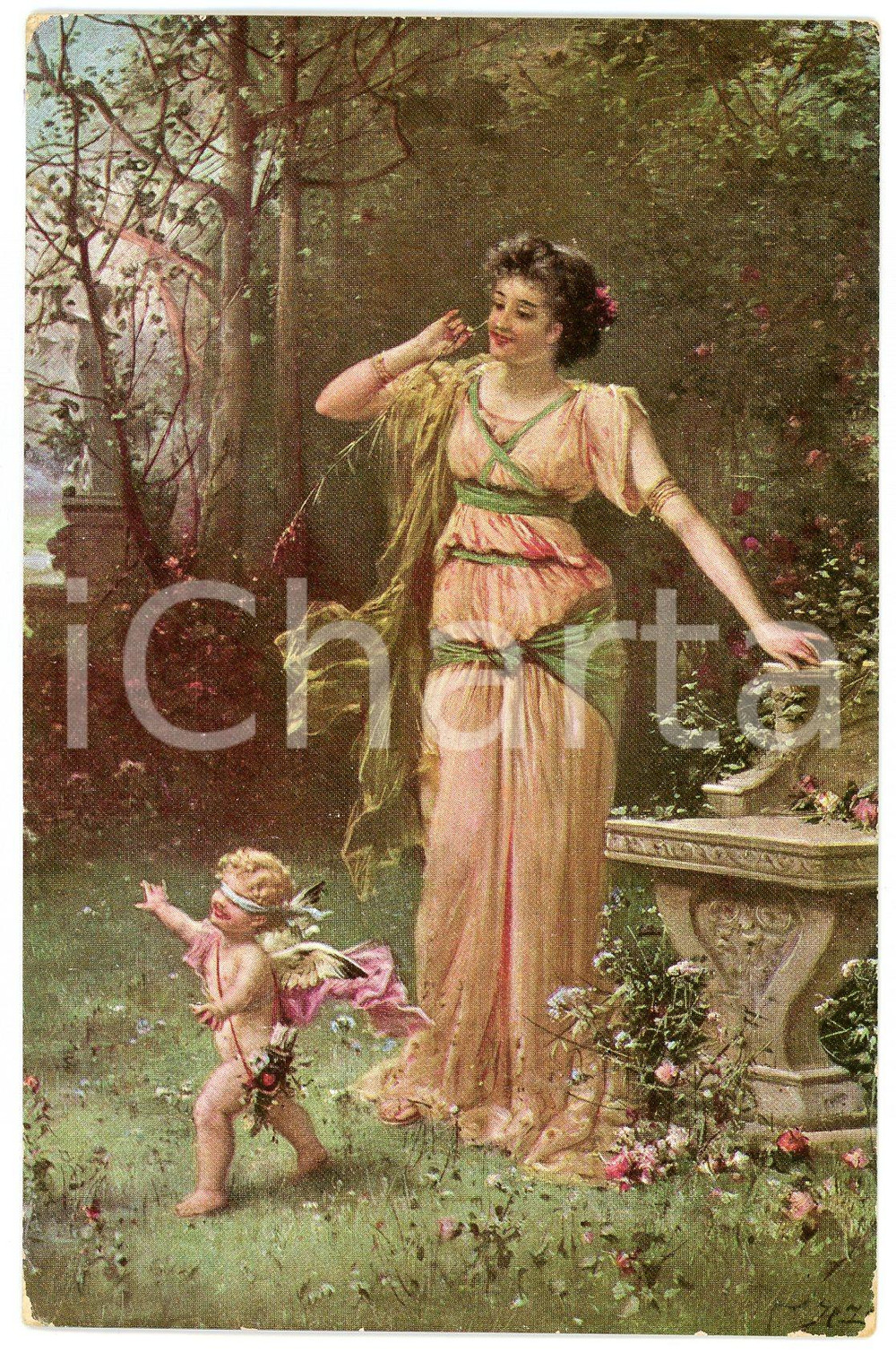 1915 Artist HANS ZATZKA - Woman plays hide and seek with cupid - Postcard  Cartolina postale d'epoca, viaggiata.Illustratore: Hans Zatzka.CONDIZIONI: F (abrasioni angolari).FORMATO: FP    originale e autentica 1