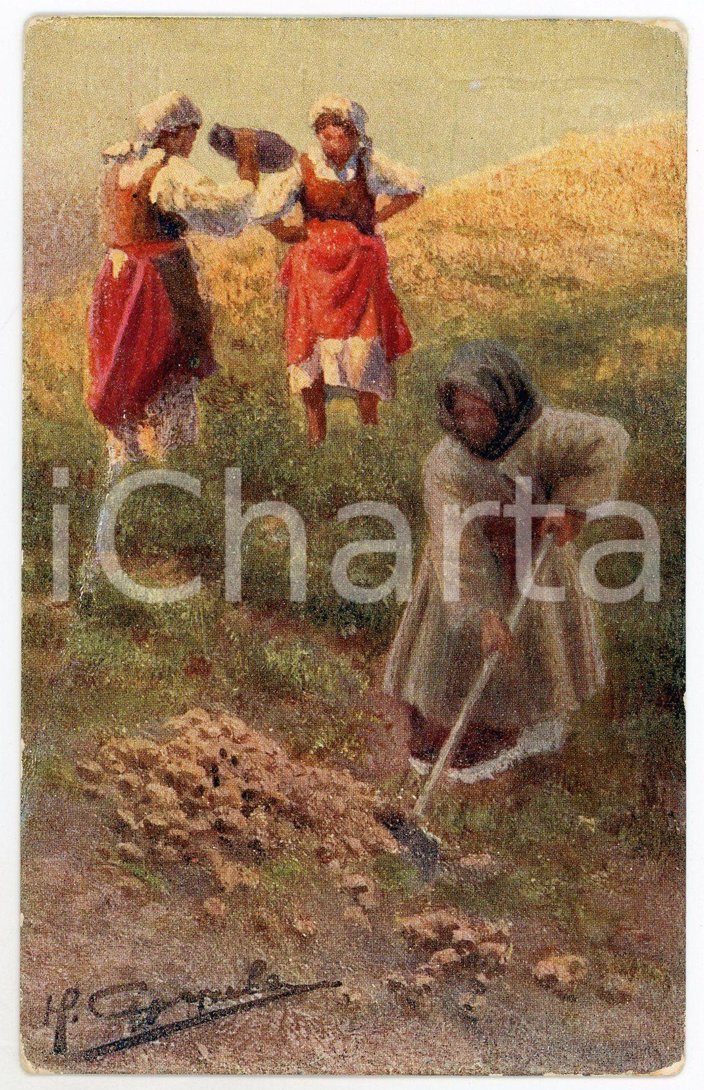 1910 ca RUSSIA Three female farmers ILLUSTRATED Postcard FP NV Cartolina postale d'epoca, non viaggiata.  FAIR/discreto Lievi smussature agli angoli Formato: FP originale e autentica 1