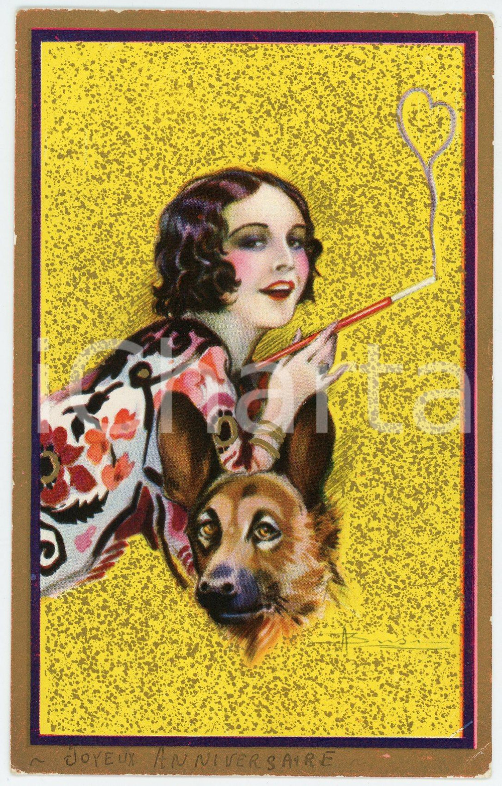 1920 JOYEUX ANNIVERSAIRE Artista Adolfo BUSI Donna con pastore tedesco Cartolina  Cartolina postale d'epoca, non viaggiata ma con nota manoscritta FAIR/discreto Gualciture agli angoli Formato: FP originale e autentica 1