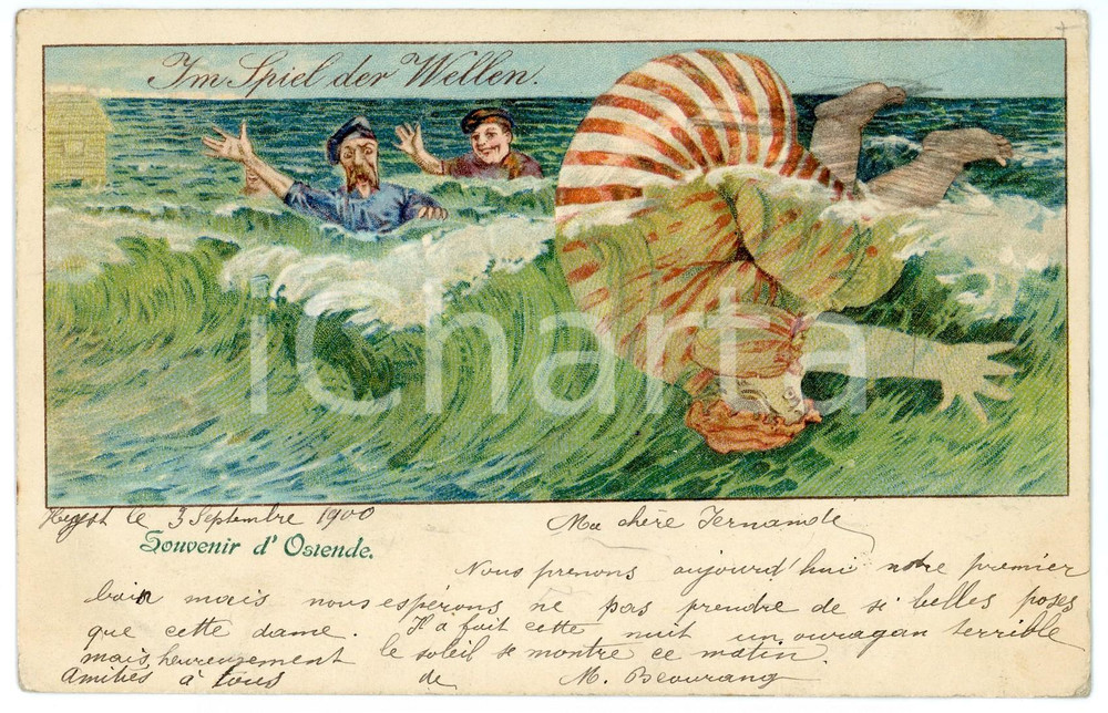 1900 HUMOUR - OSTENDE Im spiel der wellen - Carte postale ILLUSTRÉE FP VG  Cartolina postale d'epoca, viaggiata.CONDIZIONI: FAIRFORMATO: FP    originale e autentica 1