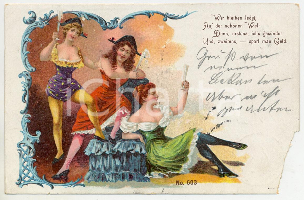 1900 NEUJAHRS Wir bleiben ledig auf der schönen Welt ILLUSTRATED Postcard FP VG Cartolina postale d'epoca, viaggiata.  POOR/danneggiato Lievi smussature agli angoli, profonde piegature e mancanza all'angolo inferiore destro Formato: FP originale e autentica 1