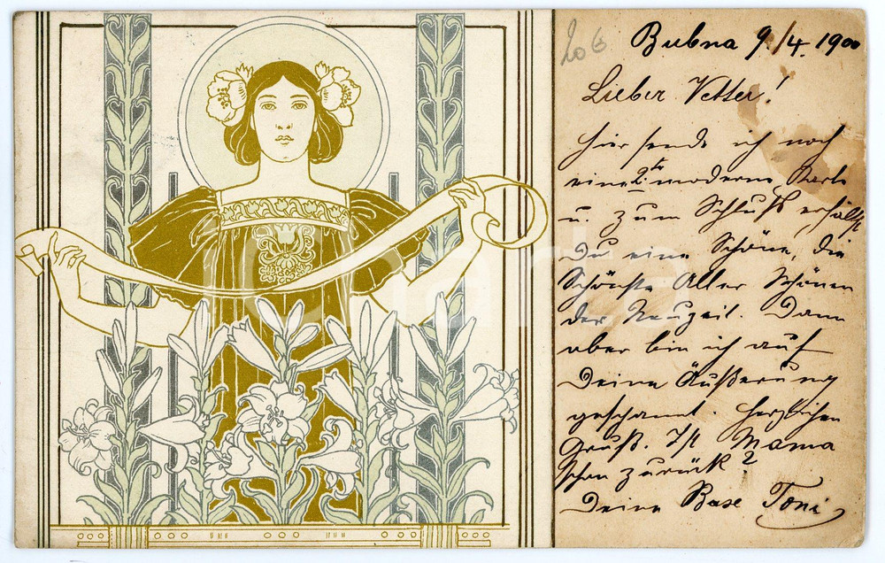 1900 ART NOUVEAU Lady with lilies - RARE Illustrated postcard  Cartolina postale d'epoca, in cartoncino rigido, viaggiata.CONDIZIONI: P (macchie al lato destro)FORMATO: FP    originale e autentica 1