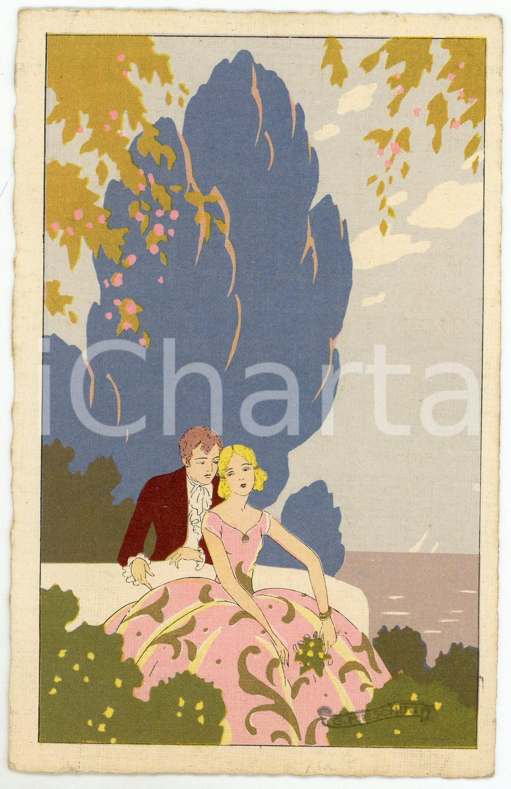 1920 ca ART DECO Giovanni MESCHINI - Coppia in giardino - Cartolina  Cartolina postale d'epoca, non viaggiata.CONDIZIONI: G FORMATO: FP    originale e autentica 1