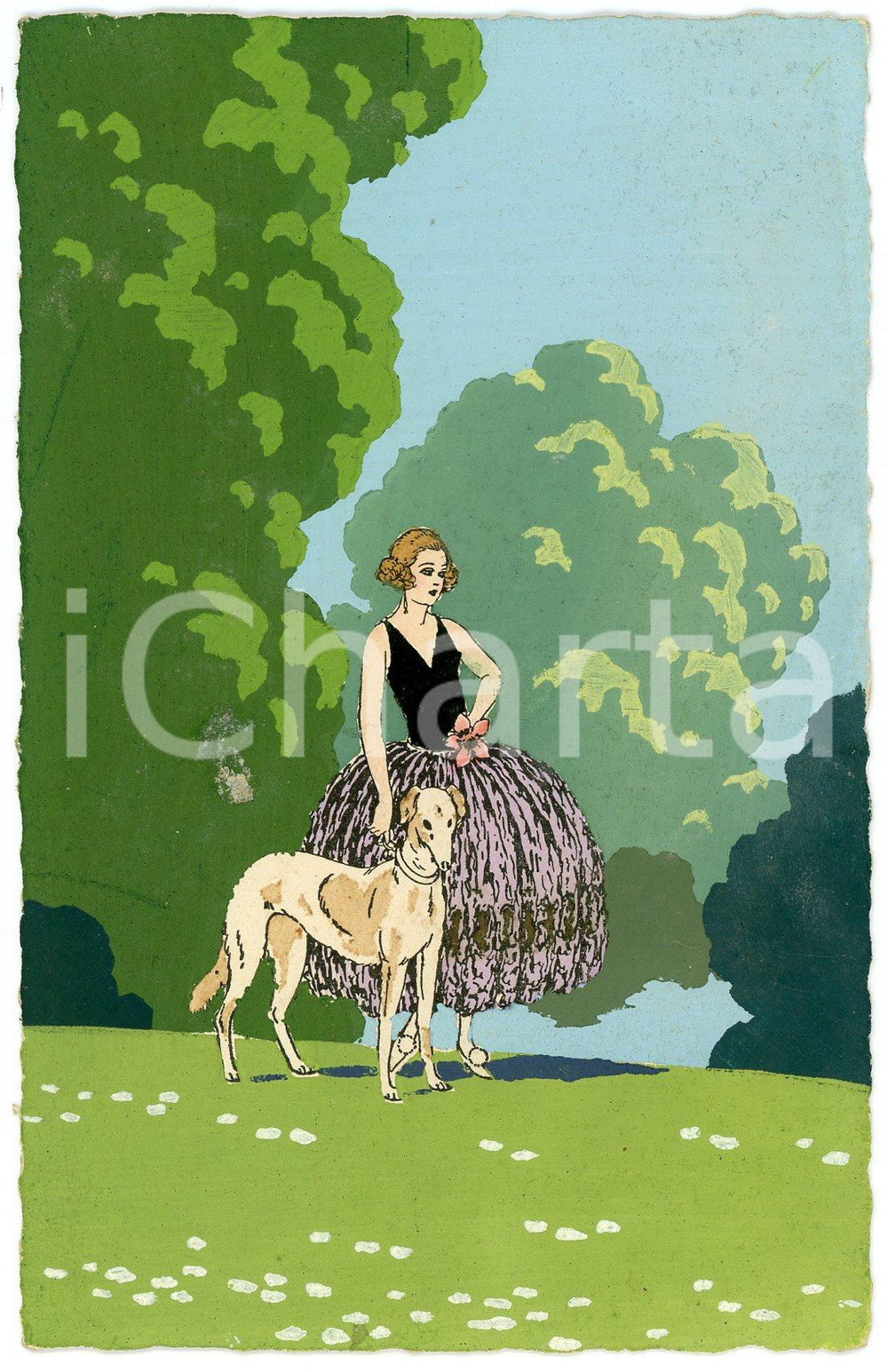 1920 ca ART DECO Giovanni MESCHINI - Donna e cane - Cartolina dipinta a mano  Cartolina postale d'epoca, dipinta a mano, con indicazione dell'atelier "Ars Nova".Non viaggiata.CONDIZIONI: P (parziale scollamento dei fogli)FORMATO: FP    originale e autentica 1