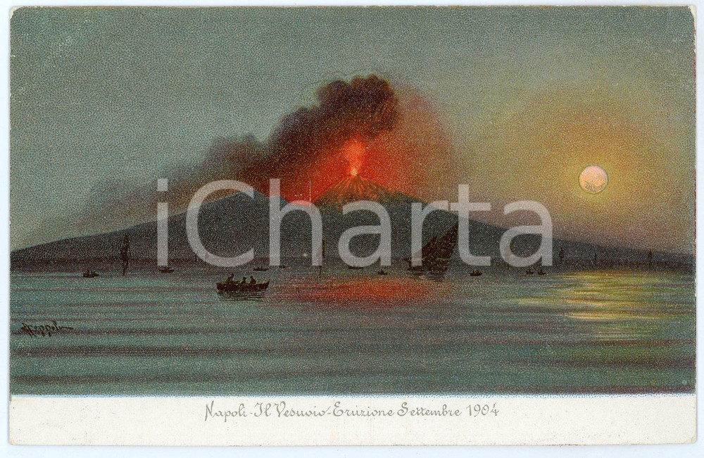 1905 ca NAPOLI Il Vesuvio in eruzione - 1904 - Cartolina ill. A. COPPOLA Cartolina postale d'epoca, illustrata,  viaggiata. GOOD/buono  Formato: 14x9 cm originale e autentica 1