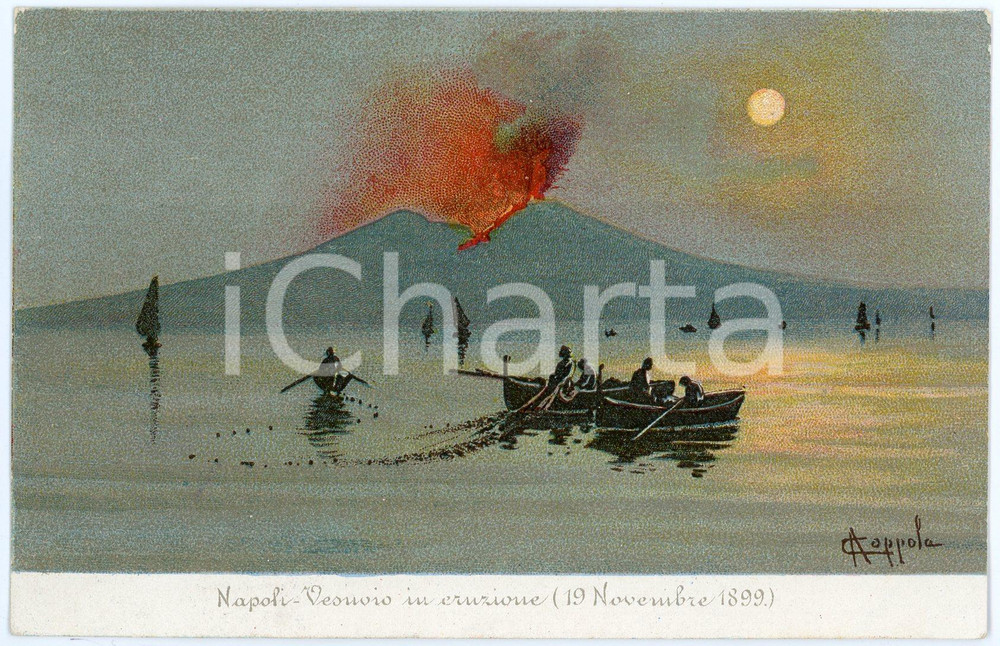 1900 ca NAPOLI Il Vesuvio in eruzione - 1899 - Cartolina ill. A. COPPOLA Cartolina postale d'epoca, illustrata, viaggiata. GOOD/buono  Formato: 14x9 cm originale e autentica 1