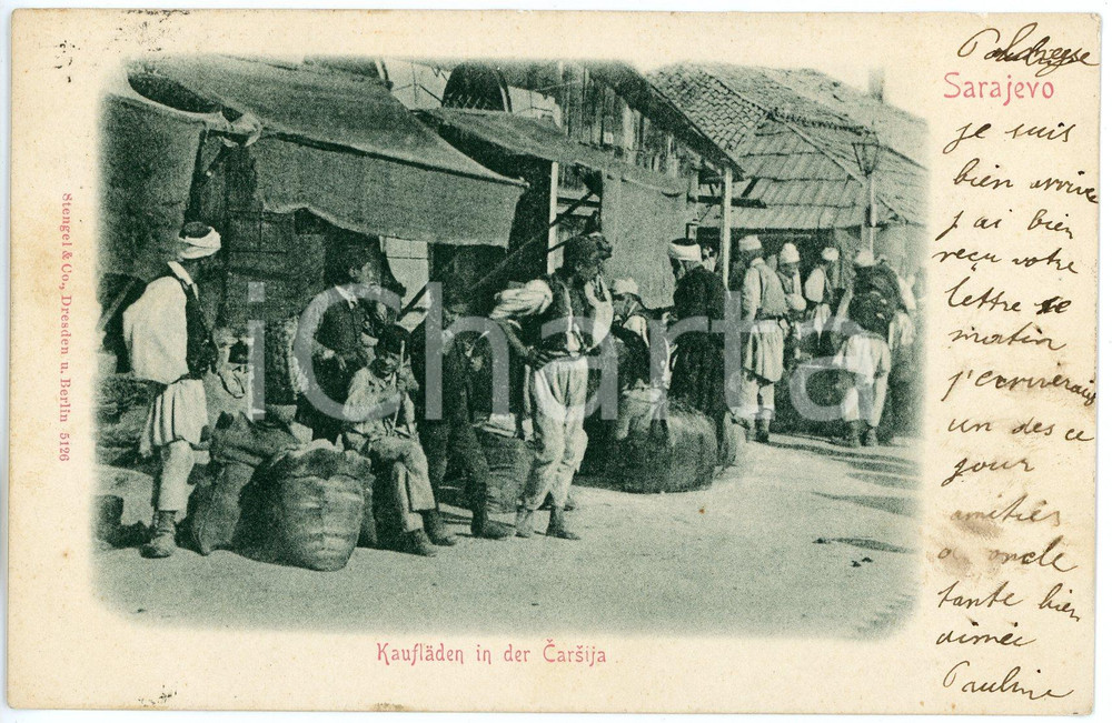 1901 SARAJEVO (BOSNIA HERZEGOVINA) Kaufladen in der Carsia - ANIMATED Postcard  Cartolina postale d'epoca, viaggiata.CONDIZIONI: G (piccola smussatura al lato superiore)FORMATO: FP    originale e autentica 1
