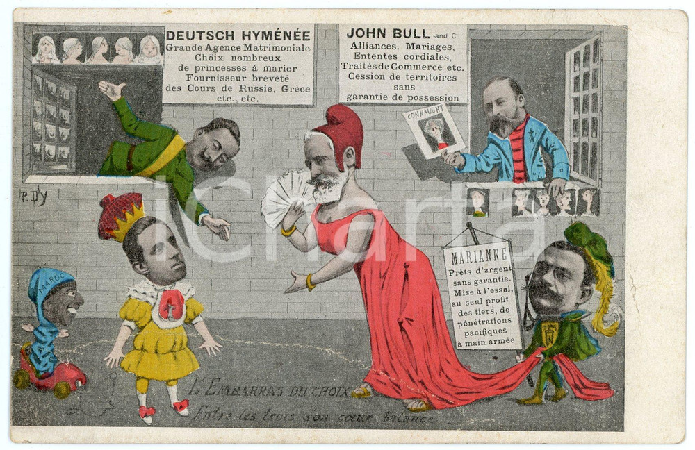 1908 SATIRE - EMBARASS DU CHOIX John BULL Deutsch Hyménée - Carte postale FP  Cartolina postale d'epoca, viaggiata. POOR/danneggiato Piegature diffuse Formato: FP originale e autentica 1