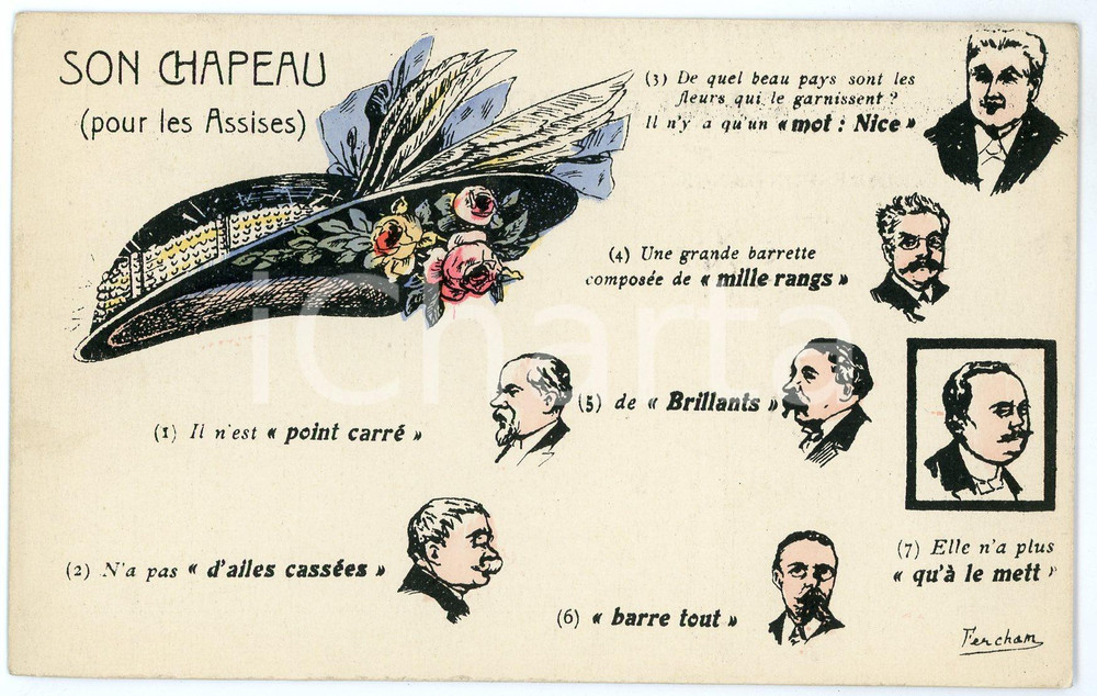 1910 ca FRANCE - SATIRE Son chapeau (pour le Assises) - Carte postale ILLUSTRÉE  Cartolina postale d'epoca, viaggiata. FAIR/discreto Lievi smussature agli angoli Formato: FP originale e autentica 1