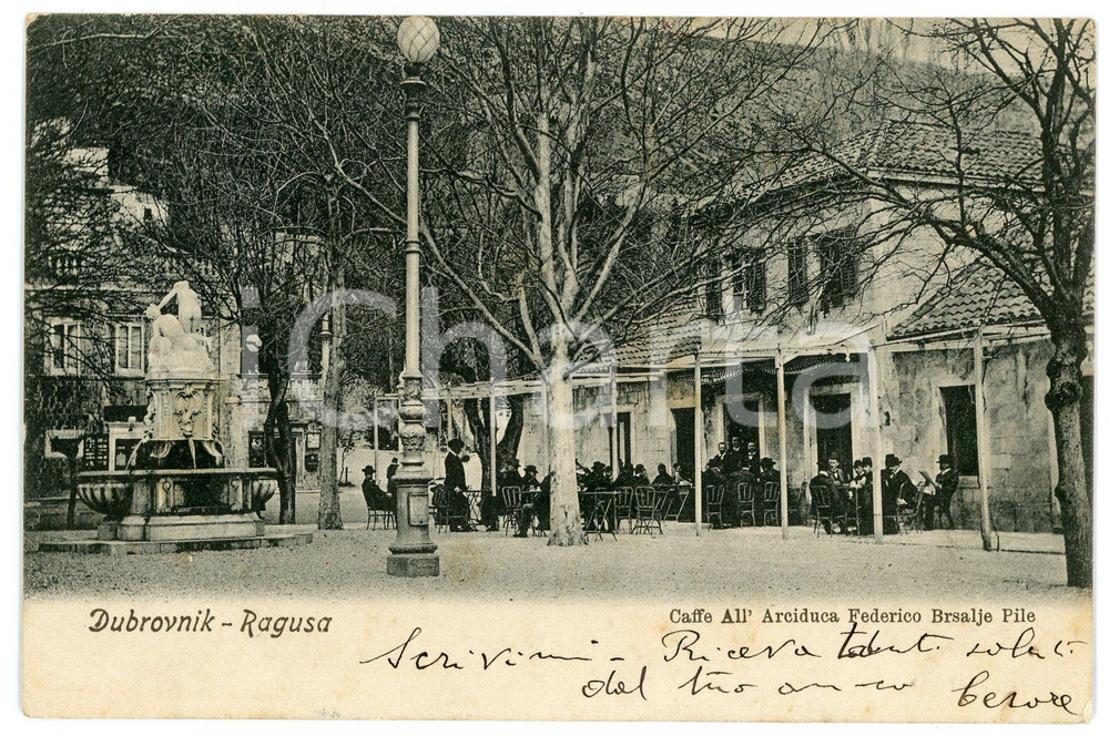 1900 ca RAGUSA / DUBROVNIK (CROAZIA) CaffÃ¨ all'Arciduca Federico Brsalje Pile  Cartolina postale d'epoca, viaggiata (ma francobollo asportato).CONDIZIONI: G (minima abrasione al lato superiore)FORMATO: FP    originale e autentica 1