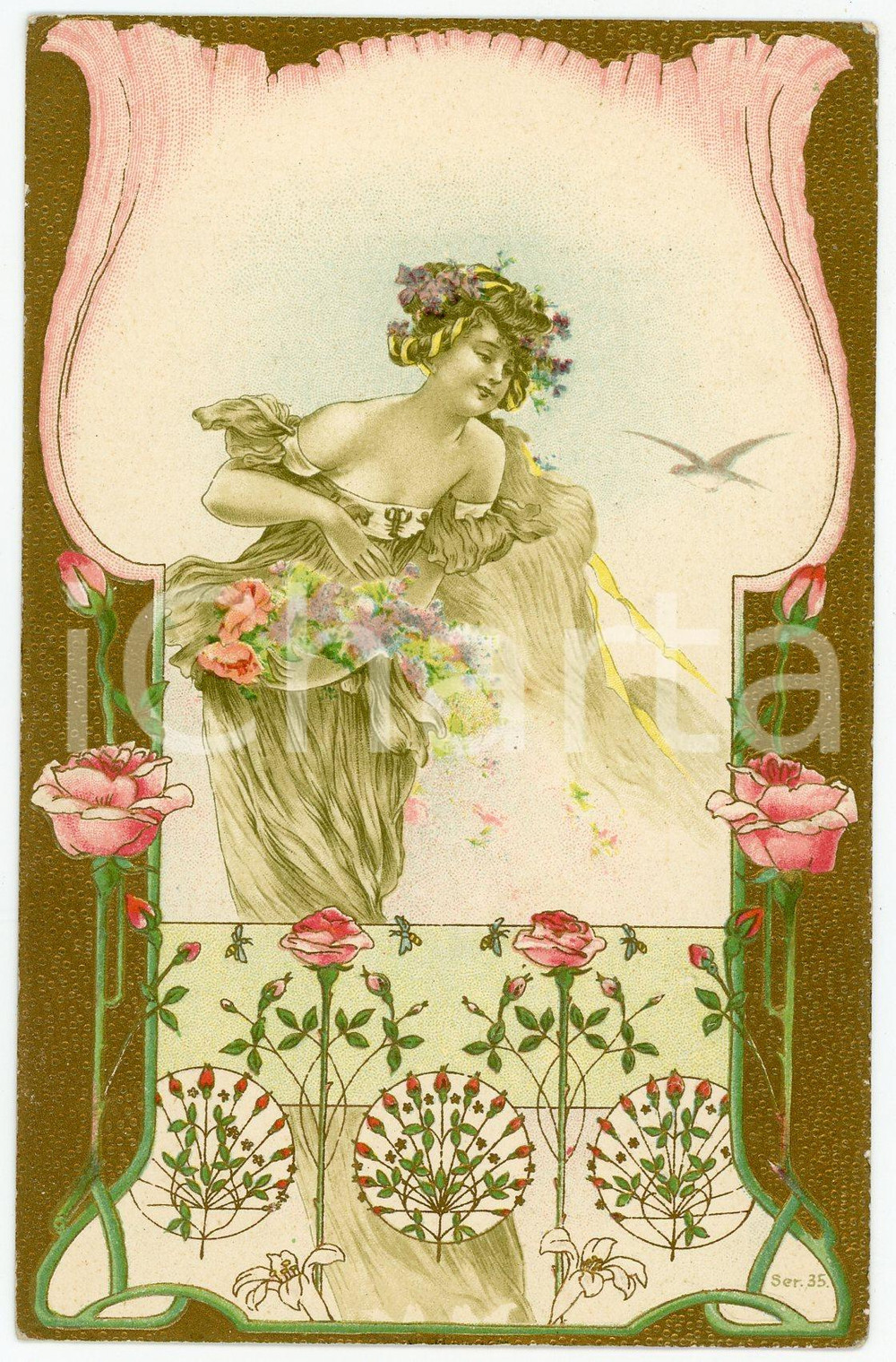 1900 ca ART NOUVEAU Lady with roses - Illustrated embossed golden postcard  Cartolina postale d'epoca, a rilievo, viaggiata.CONDIZIONI: GFORMATO: FP    originale e autentica 1
