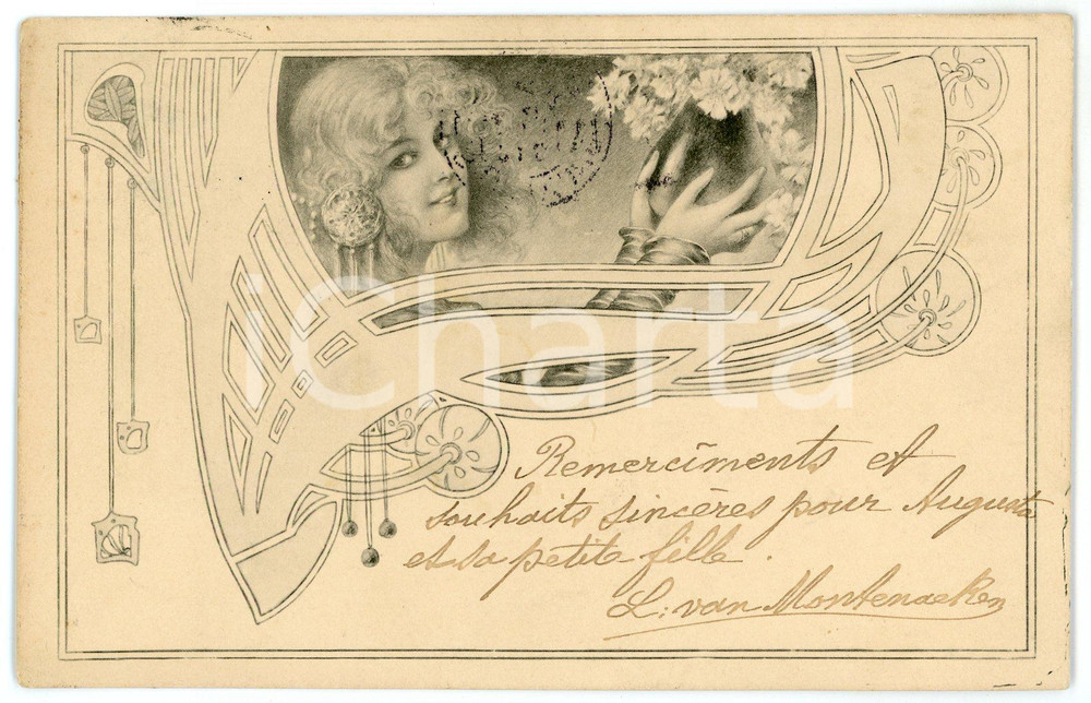 1900 ca ART NOUVEAU Lady with flowers - Illustrated grey postcard  Cartolina postale d'epoca, viaggiata nel 1913.CONDIZIONI: GFORMATO: FP    originale e autentica 1