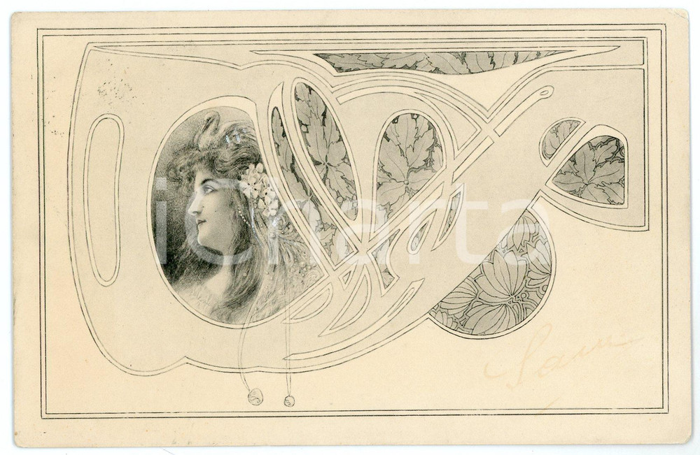 1901 ART NOUVEAU Lady with flowers (2) Illustrated grey postcard  Cartolina postale d'epoca, viaggiata.CONDIZIONI: GFORMATO: FP    originale e autentica 1