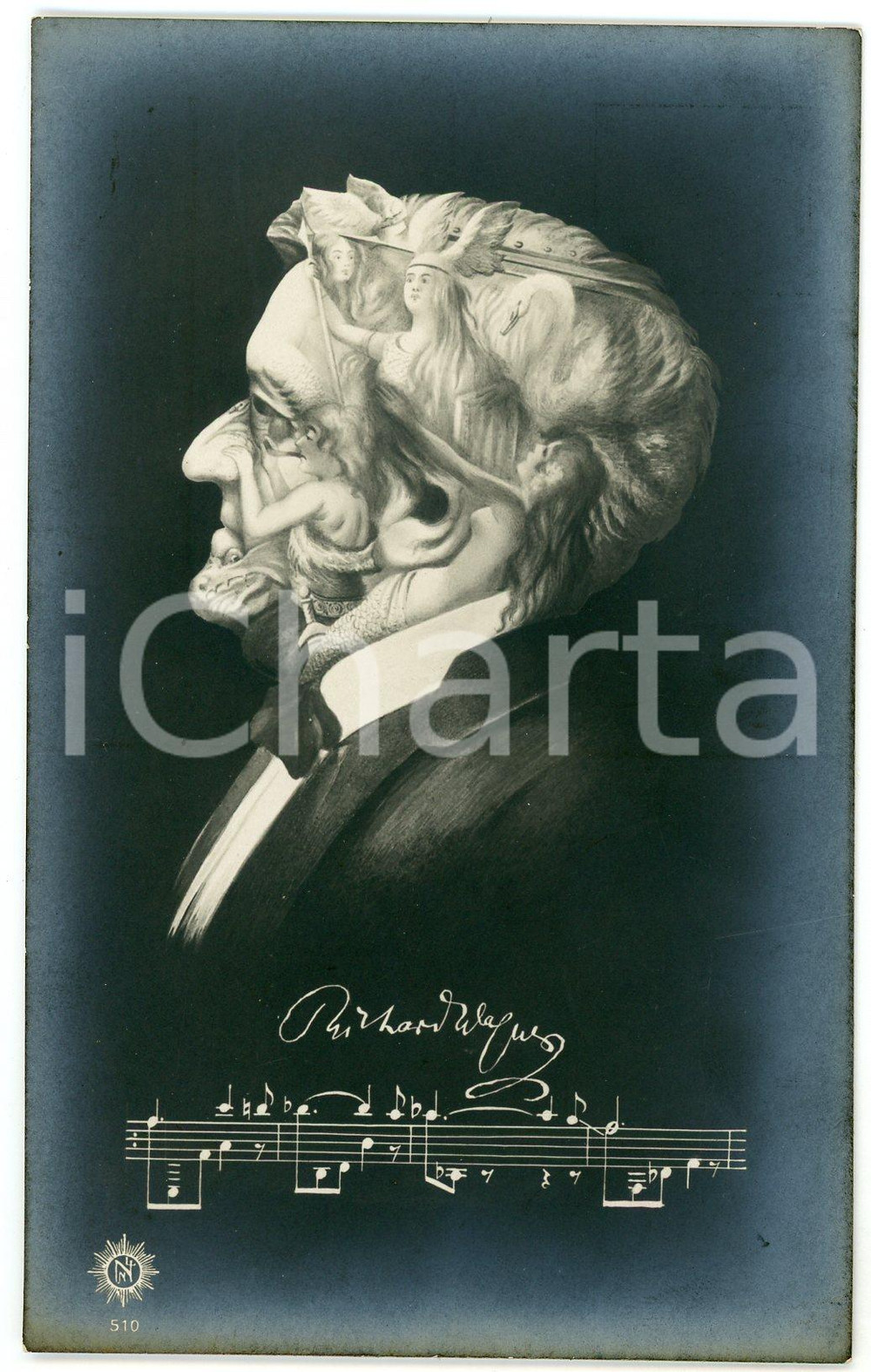 1936 TÊTE TROMPEUSES  Richard WAGNER Metamorphic postcard FP VG  Cartolina postale d'epoca, non viaggiata.CONDIZIONI: FAIR (aloni diffusi)FORMATO: FP    originale e autentica 1