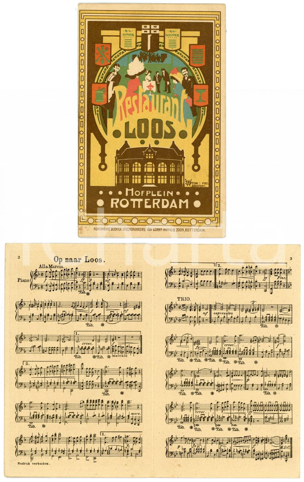 1910 ROTTERDAM - HOFPLEIN Restaurant LOOS Illustrated postcard FP NV  Cartolina postale d'epoca, non viaggiata.La cartolina contiene lo spartito di "Op naar Loos". FAIR/discreto Lievi smussature agli angoli Formato: FP originale e autentica 1