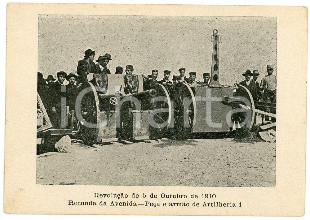 1910 PORTUGAL Revolução de 5 de Outubro - Rotunda da Avenida - Artilheria *RARE  Rara cartolina postale d'epoca, priva di stampa al verso.CONDIZIONI: GFORMATO: FG    originale e autentica 1