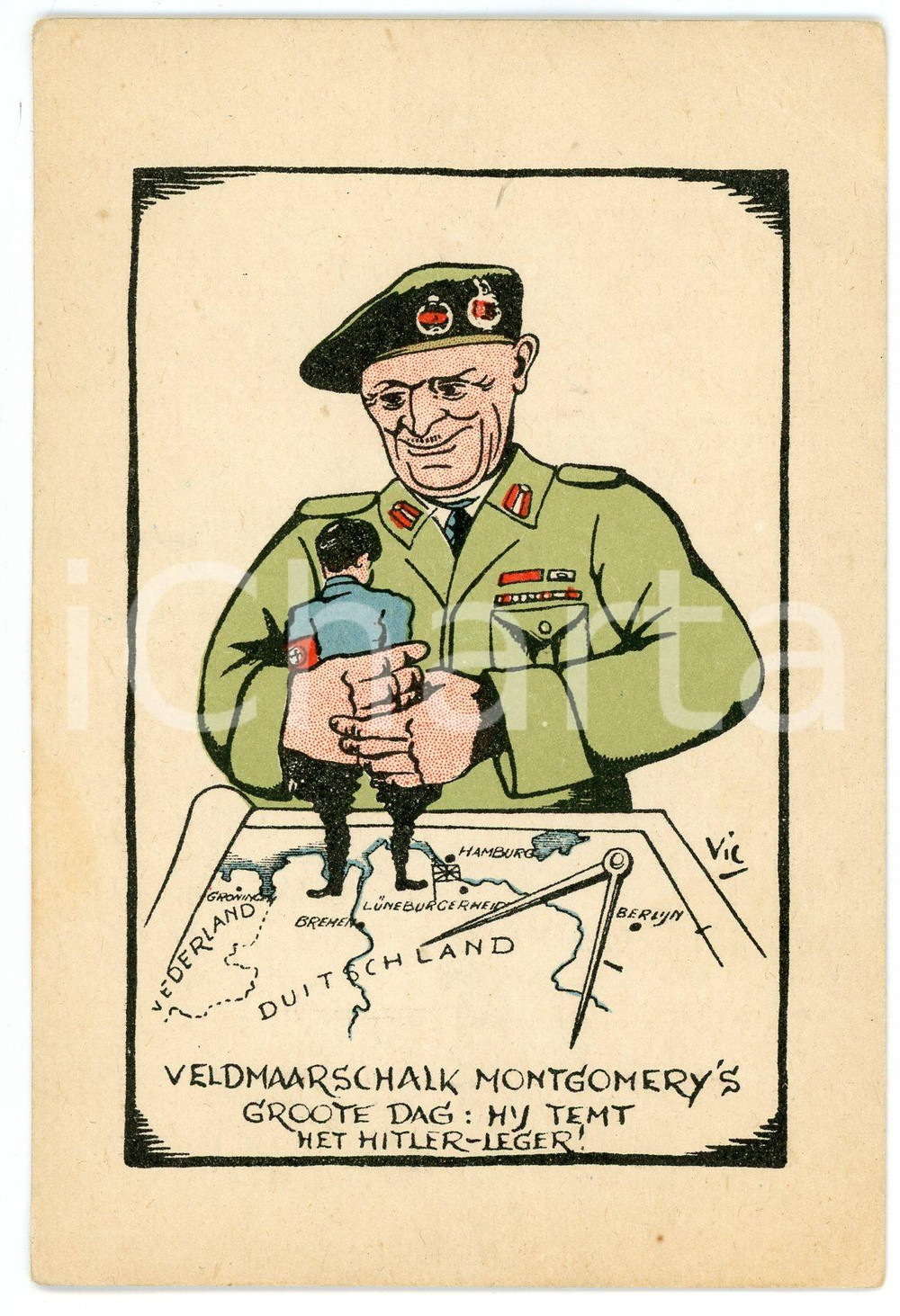 1945 ca WW2 - SATIRE Montgomery's groote dag: hij temt het Hitler-leger POSTCARD  Cartolina postale d'epoca, non viaggiata.CONDIZIONI: FAIRFORMATO: FP    originale e autentica 1