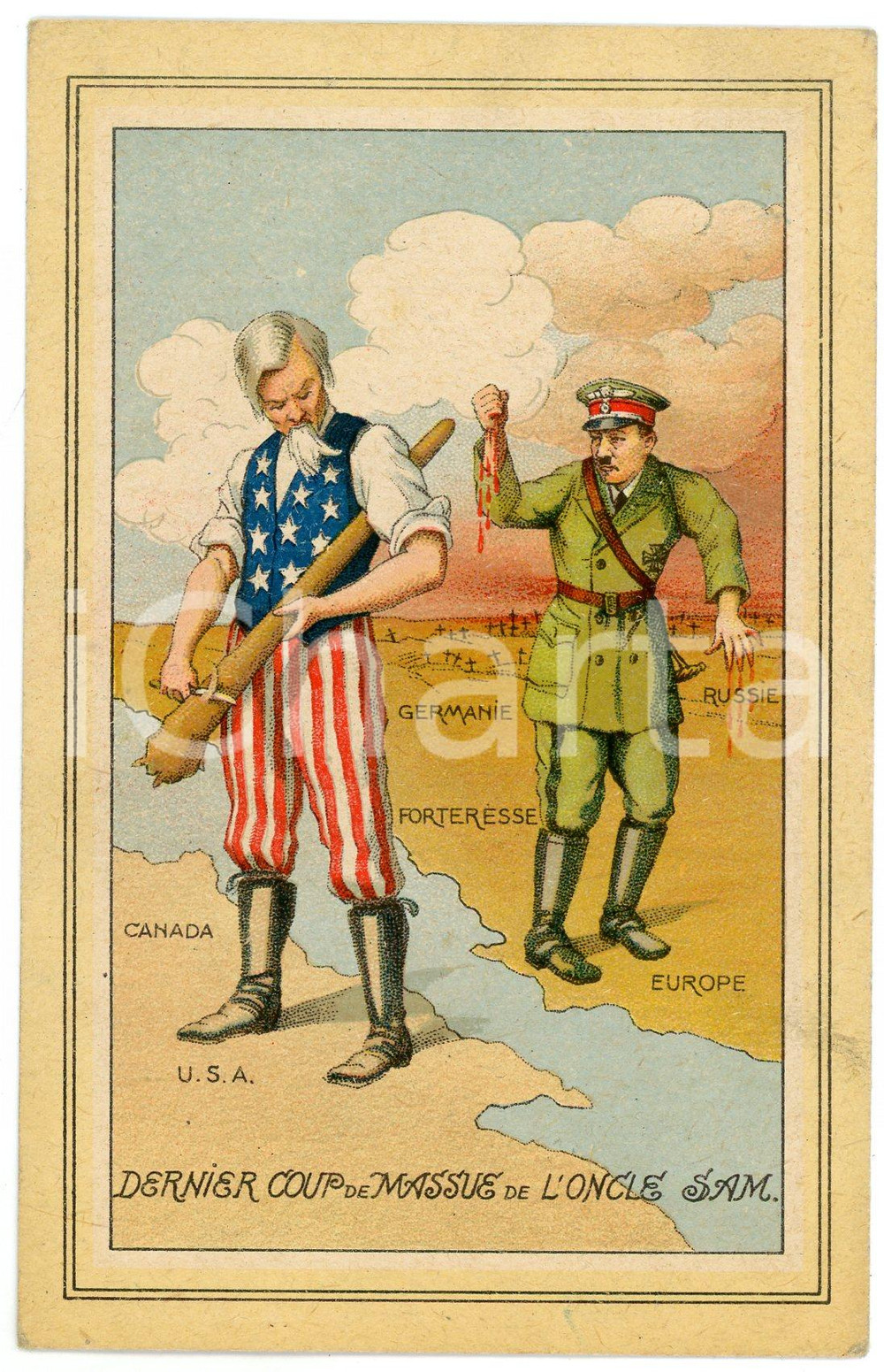 1945 ca WW2 - SATIRE Adolf HITLER fighting UNCLE SAM - Postcard FP NV  Cartolina postale d'epoca, non viaggiata.CONDIZIONI: FAIRFORMATO: FP    originale e autentica 1