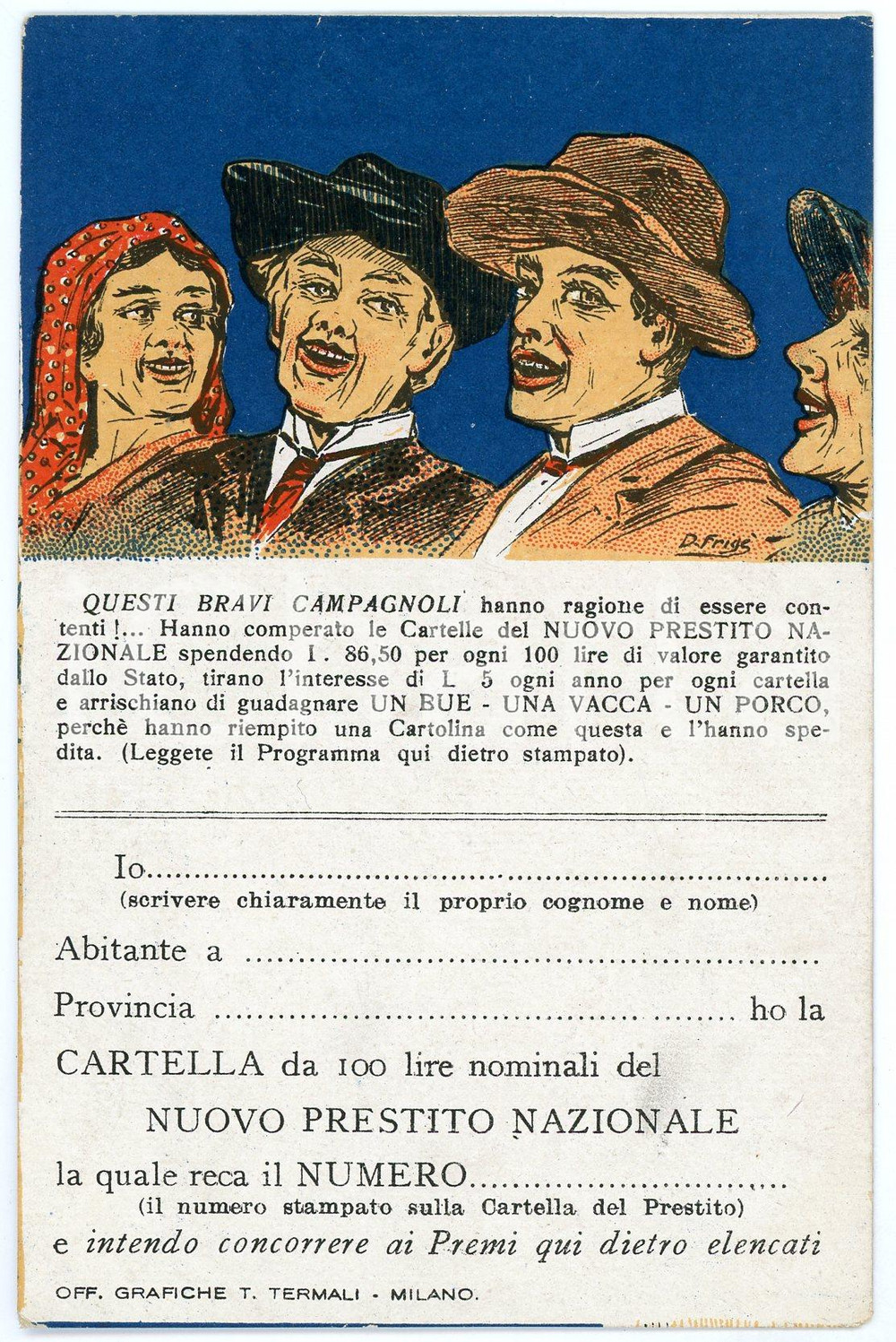 1918 WW1 - NUOVO PRESTITO NAZIONALE Bravi campagnoli - Cartolina illustrata Cartolina postale d'epoca, non viaggiata.  GOOD/buono  Formato: FP originale e autentica 1