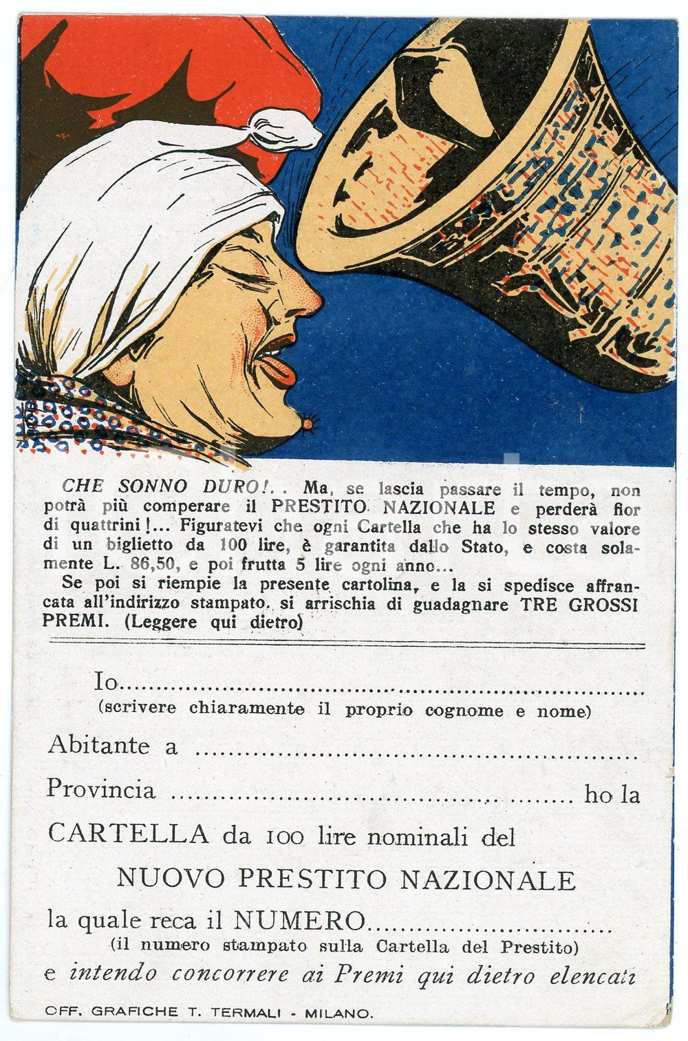 1918 WW1 - NUOVO PRESTITO NAZIONALE Che sonno duro - Cartolina illustrata Cartolina postale d'epoca, non viaggiata.  GOOD/buono  Formato: FP originale e autentica 1