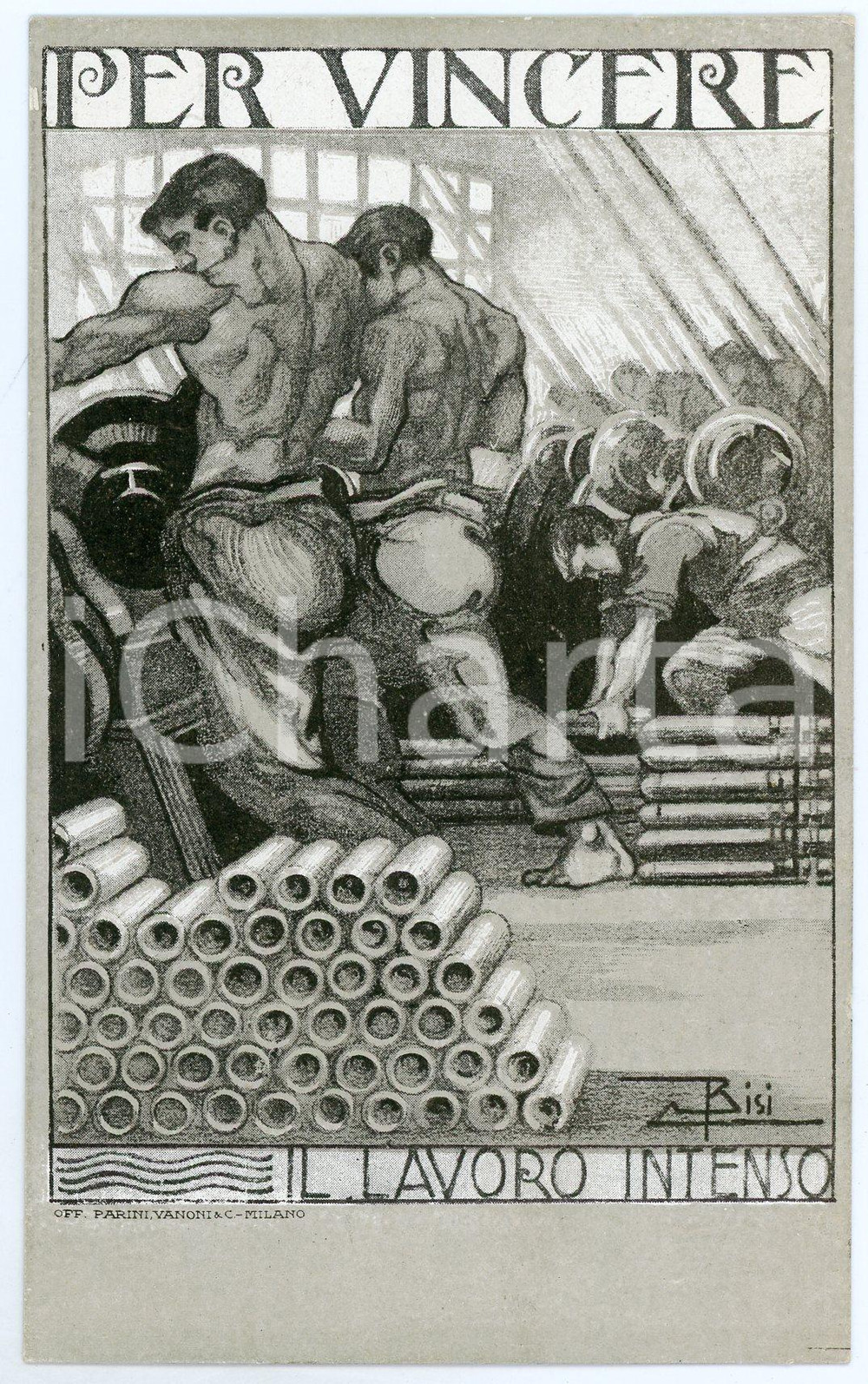 1915 ca WW1 Artista Carlo BISI Per vincere - Lavoro intenso - Cartolina FP NV  Cartolina postale d'epoca, non viaggiata. FAIR/discreto  Formato: FP originale e autentica 1