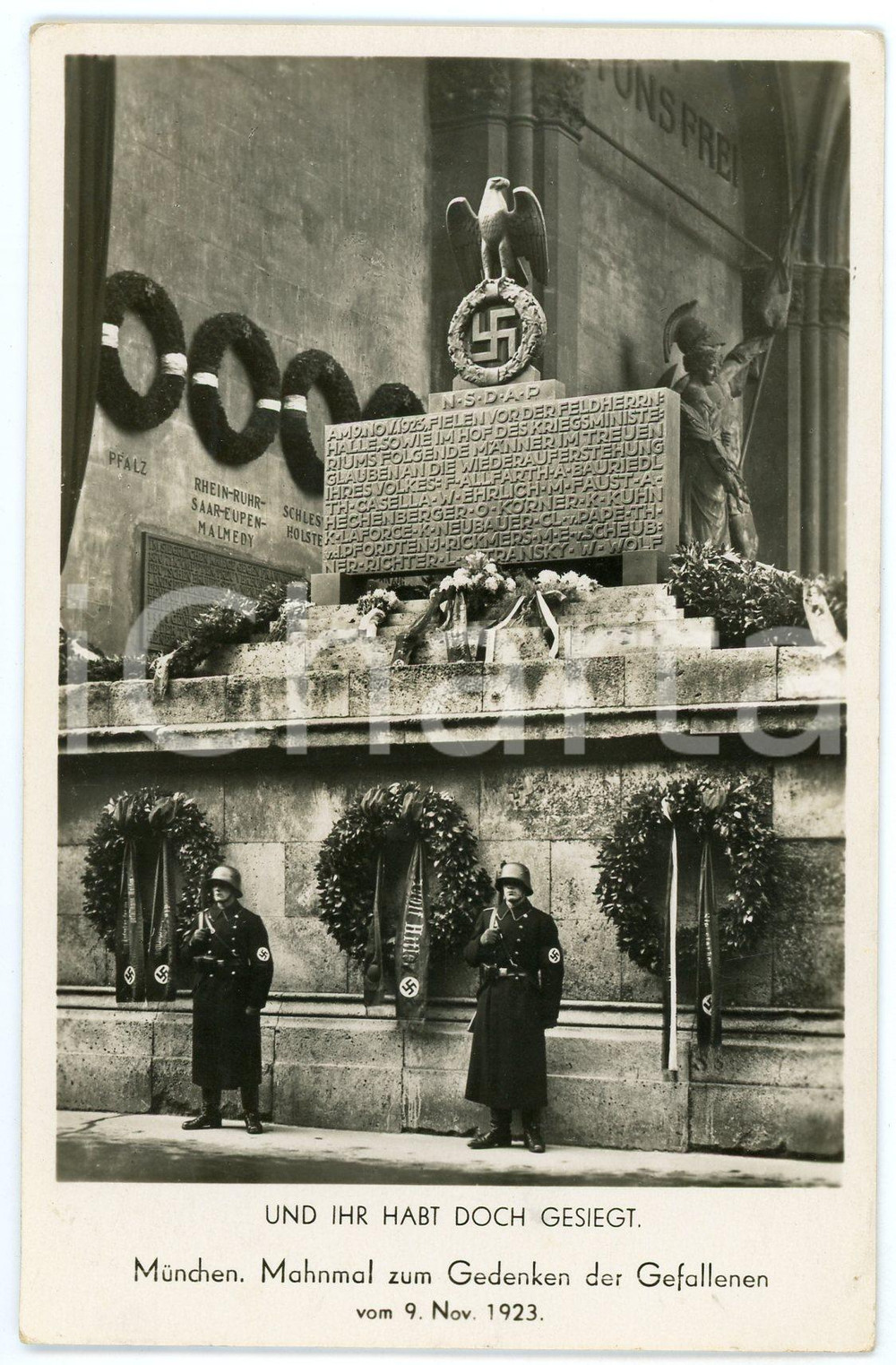 1936 MUNCHEN Mahnmal zum Gedenken der Gefallen - Third Reich postcard  Cartolina postale d'epoca, viaggiata (ma francobollo asportato). GOOD/buono  Formato: 9x14 cm originale e autentica 1