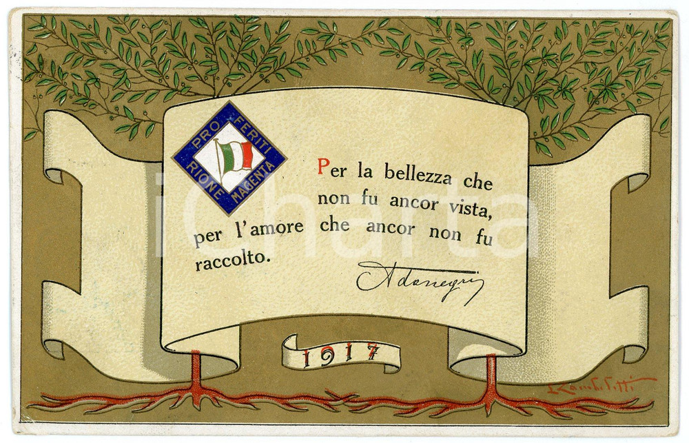 1917 WW1 - MILANO Pro feriti Rione Magenta - Illustrazione ZAMBERLETTI Cartolina  Cartolina postale d'epoca, viaggiata.Con uno scritto di Ada Negri. FAIR/discreto piegature agli angoli Formato: FP originale e autentica 1