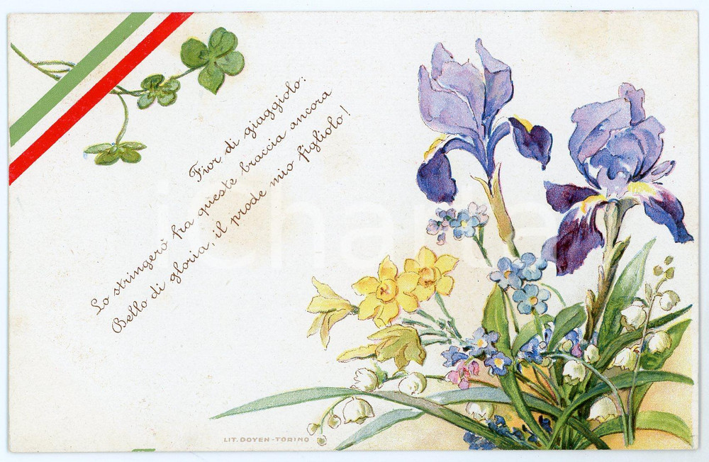 1920 ca WW1 TORINO ACI Ricerca militari dispersi - Fior di giaggiolo *Cartolina  Cartolina postale d'epoca, non viaggiata.EDITORE: ACI - Opere di protezione - Comitato Nazionale ItalianoRicerche dei militari prigionieri o dispersi FAIR/discreto Lievi bruniture al verso Formato: FP originale e autentica 1