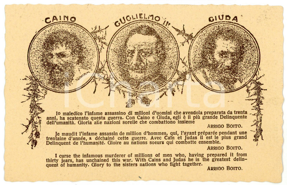 1918 WW1 Arrigo BOITO - Giuglielmo II come Caino e Giudo - Cartolina ILLUSTRATA  Cartolina postale d'epoca, viaggiata.EDITORE: C. Aliprandi Editore - Milano GOOD/buono  Formato: FP originale e autentica 1