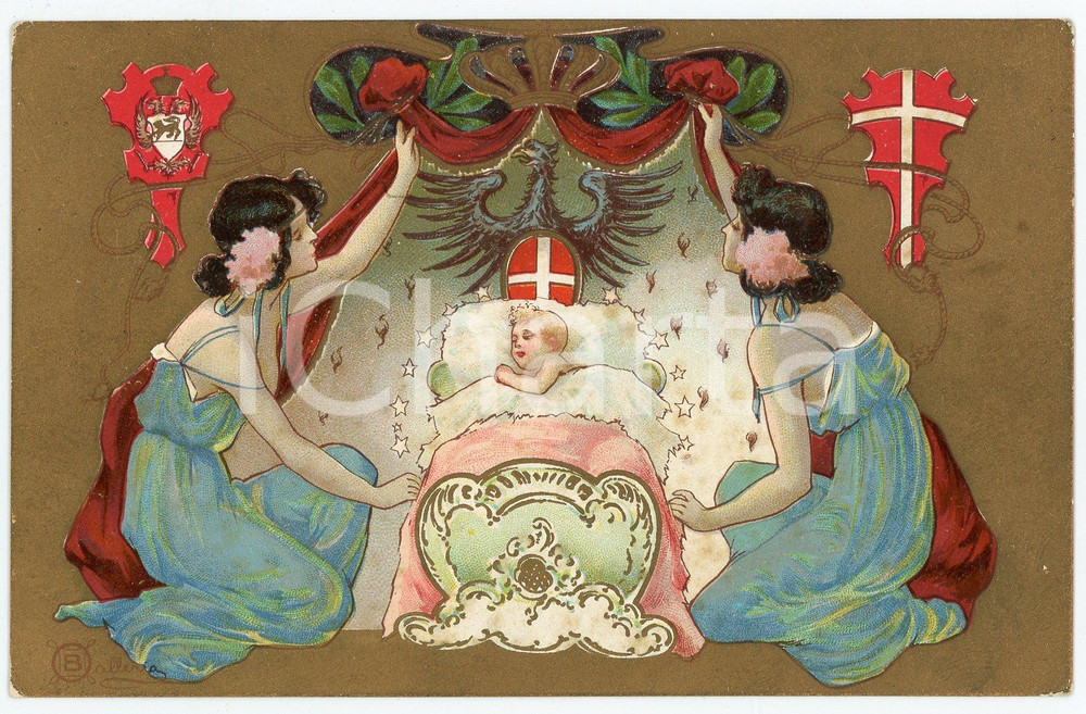 1901 REGNO D'ITALIA Per la nascita di Jolanda di Savoia - Cartolina ILLUSTRATA  Cartolina postale d'epoca, viaggiata. FAIR/discreto Smussature agli angoli Formato: 14x9 cm originale e autentica 1
