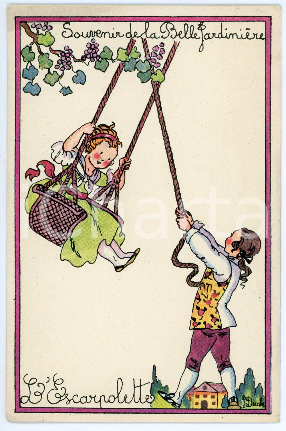 1920 ca LA BELLE JARDINIÈRE L'escarpolette - Carte postale ILLUSTRÉE FP NV  Cartolina postale d'epoca, non viaggiata. FAIR/discreto Piegatura all'angolo inferiore sinistro Formato: FP originale e autentica 1