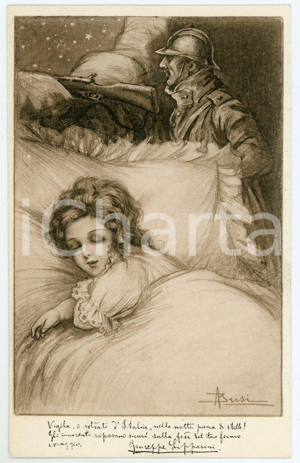 1915 ca WW1 Artista Adolfo BUSI Bimba sogna il padre soldato - Cartolina FP NV  Cartolina postale d'epoca, non viaggiata.Con un testo di Giuseppe Lipparini.EDITORE: Istituto Micrografico Italiano - Firenze GOOD/buono  Formato: FP originale e autentica 1