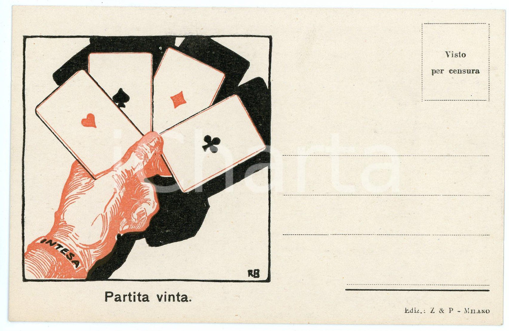 1918 WW1 - ITALIA - PROPAGANDA - Partita vinta - INTESA *Cartolina  Cartolina d'epoca, priva di stampa al verso e non viaggiata.CONDIZIONI: GFORMATO: FP    originale e autentica 1