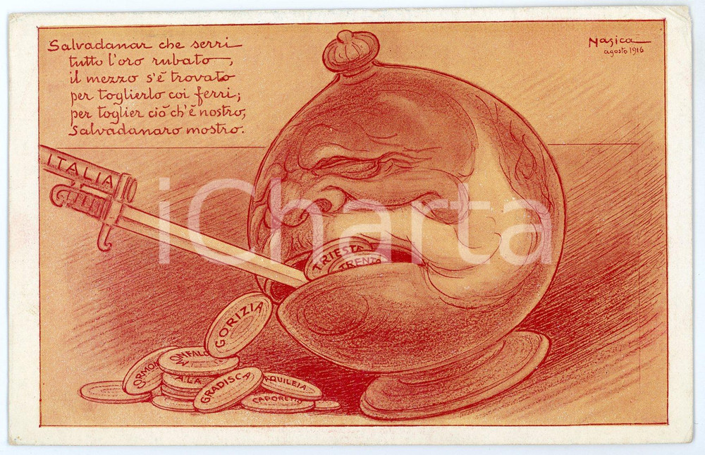 1916 WW1 Artista NASICA Augusto MAJANI Salvadanaio TRENTO e TRIESTE Cartolina FP  Cartolina d'epoca, non viaggiata. FAIR/discreto Lievi smussature agli angoli, piegature all'angolo superiore destro Formato: FP originale e autentica 1