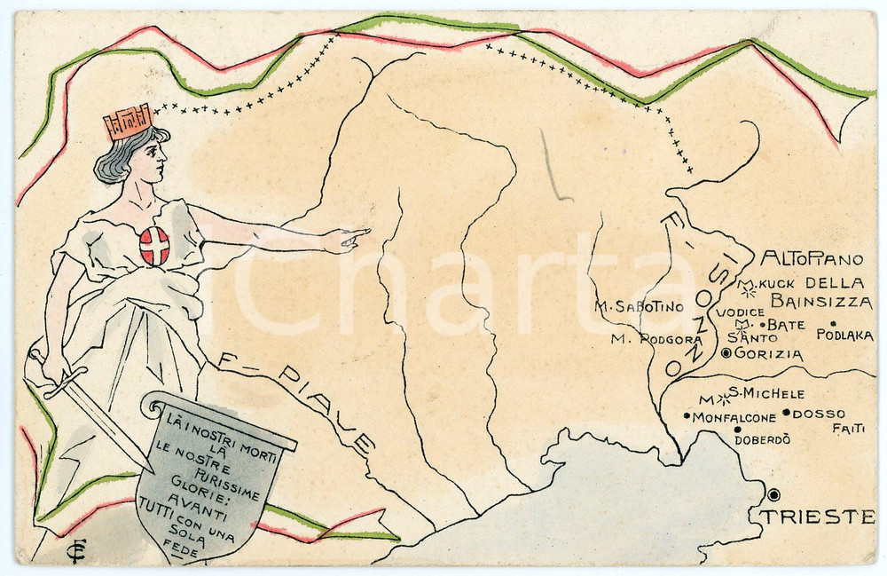 1918 WW1 - TRIESTE Caduti del Piave e dell'Isonzo - Cartolina ILLUSTRATA FP VG  Cartolina postale d'epoca, viaggiata. FAIR/discreto Lievi smussature agli angoli Formato: FP originale e autentica 1