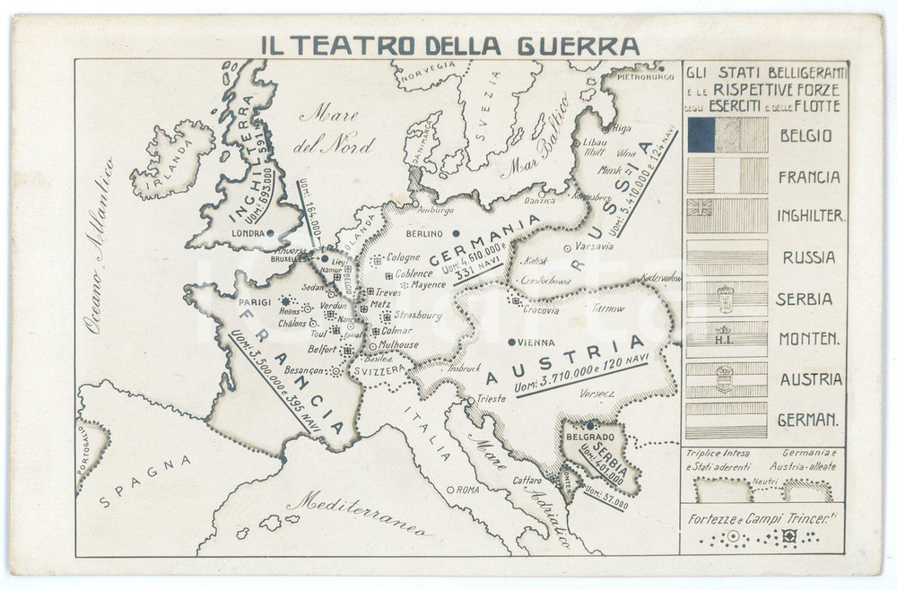 1915 ca WW1 Il teatro della Prima Guerra Mondiale - Cartolina ILLUSTRATA FP NV  Cartolina postale d'epoca, non viaggiata. FAIR/discreto Lievi smussature agli angoli Formato: FP originale e autentica 1