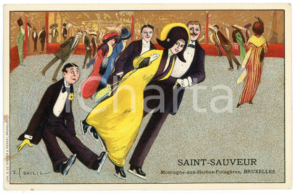 1910 ca BRUXELLES Ice skaters - Postcard ill. S. BAILIE - SAINT-SAUVEUR (2)  Cartolina postale d'epoca, scritta ma non viaggiata, pubblicitaria.CONDIZIONI: GFORMATO: FP    originale e autentica 1