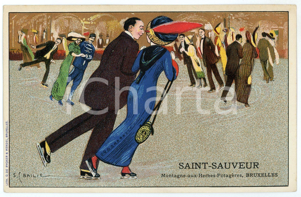1913 BRUXELLES Ice skaters - Postcard ill. S. BAILIE - SAINT-SAUVEUR (1)  Cartolina postale d'epoca, viaggiata, pubblicitaria.CONDIZIONI: GFORMATO: FP    originale e autentica 1