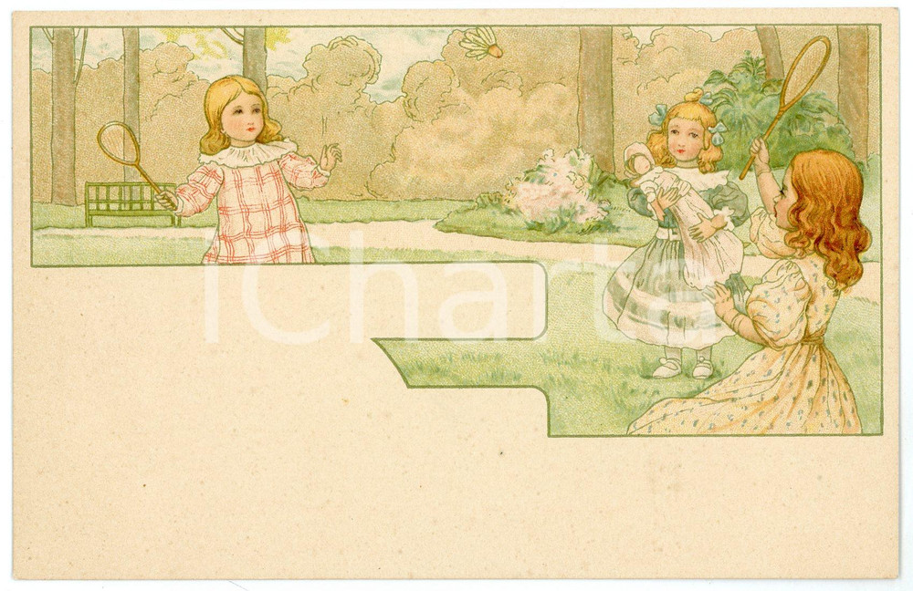 1900 ca CHILDREN - SPORTS - Little girls playing badminton - Postcard  Cartolina postale d'epoca, non viaggiata.CONDIZIONI: GFORMATO: FP    originale e autentica 1
