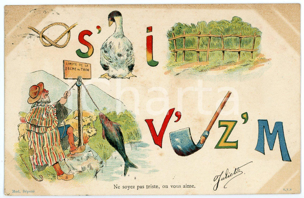 1904 FRANCE Ne soyez pas triste, on vous aime - Carte postale REBUS CPA  Cartolina postale d'epoca, viaggiata.CONDIZIONI: F (ingiallimenti angolari)FORMATO: FP    originale e autentica 1