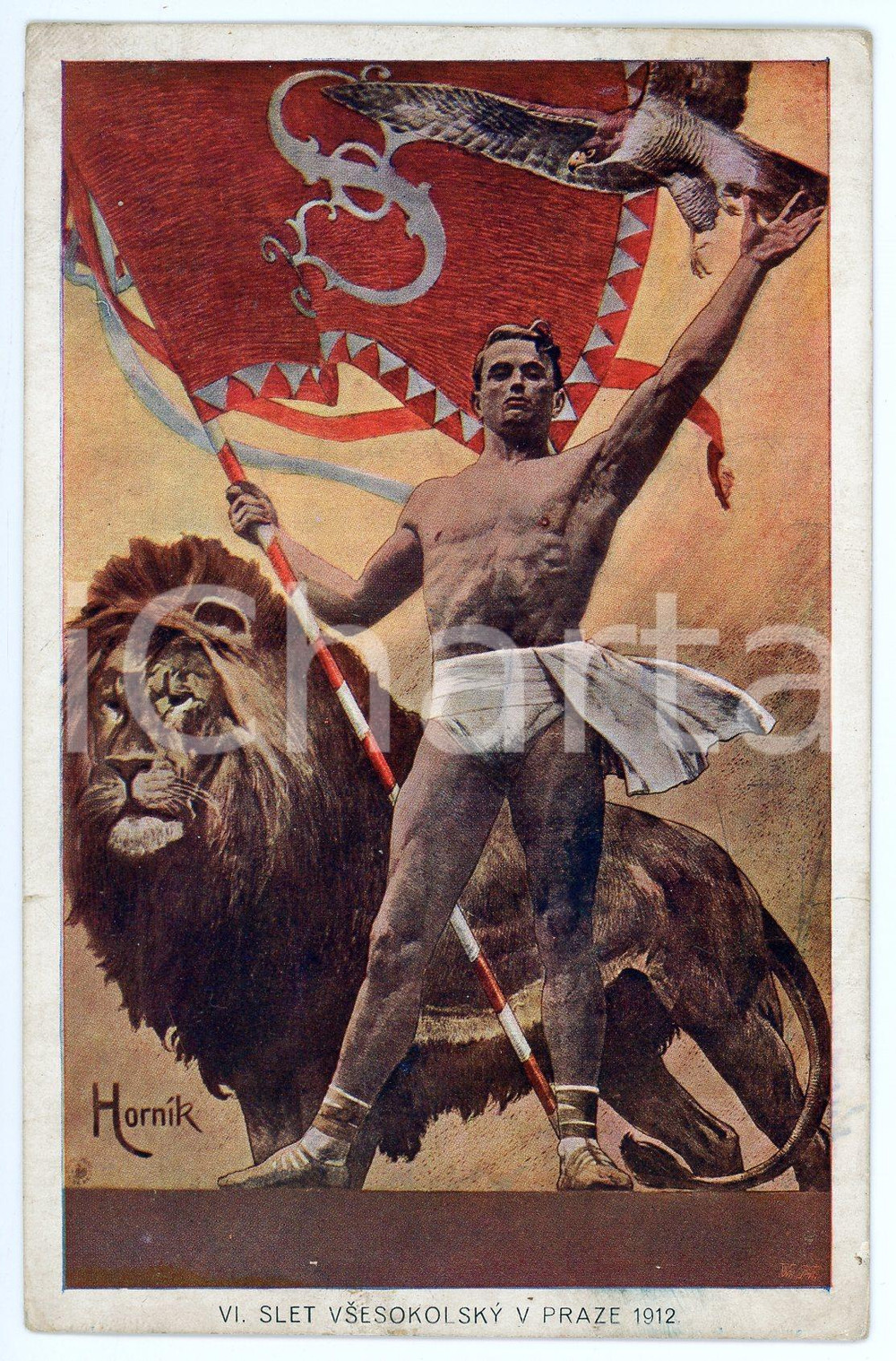 1912 PRAGUE VII Sletu Vsesokolskému - Postcard ill. Frantisek HORNIK LANSKY  Cartolina postale d'epoca, viaggiata.CONDIZIONI: G (minime smussature angolari)FORMATO: FP     originale e autentica 1