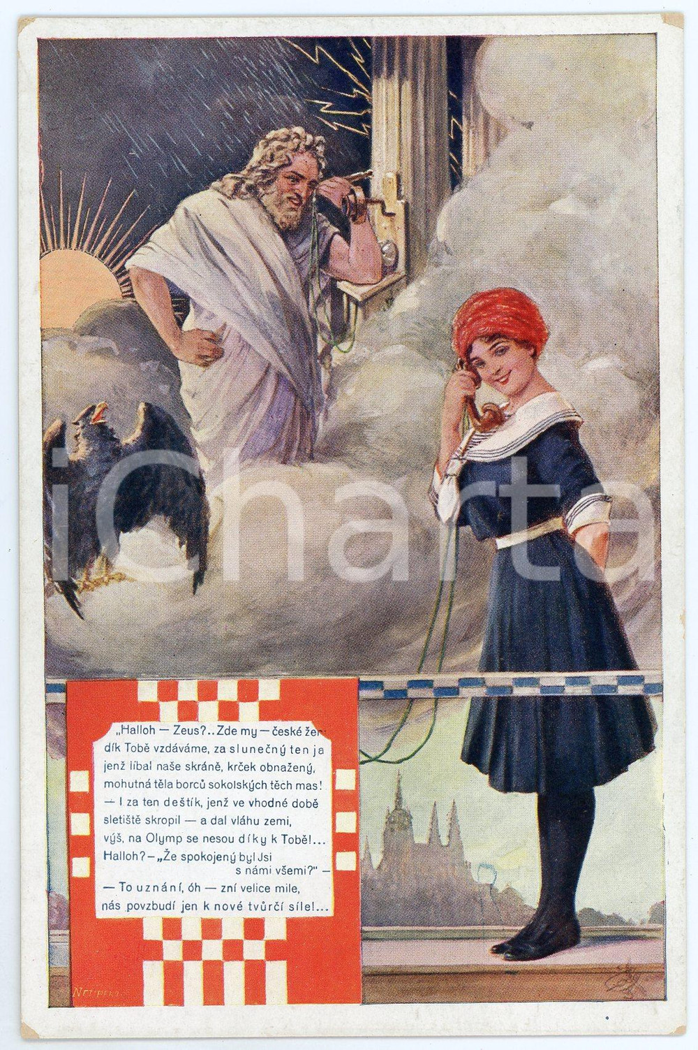 1912 PRAGUE VII Sletu Vsesokolskému - Halloh Zeus - Postcard C. V. MUTTICHA  Cartolina postale d'epoca, non viaggiata.CONDIZIONI: G (lievi smussature angolari)FORMATO: FP     originale e autentica 1