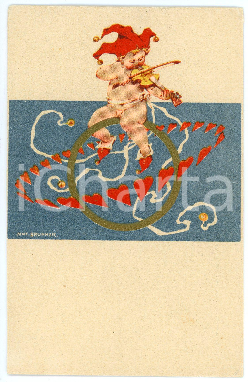 1910 ca Artist Ant. BRUNNER - Cupid Joker playing the violin *Postcard  Cartolina postale d'epoca, non viaggiata.CONDIZIONI: F (lievi piegature angolari)FORMATO: FP    originale e autentica 1