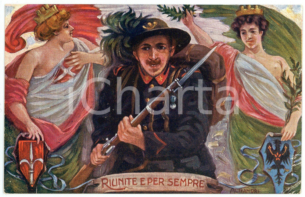 1915 ca WW1 Vincenzo ALICANDRI Trento e Trieste riunite per sempre - Cartolina  Cartolina postale d'epoca, non viaggiata. FAIR/discreto Lievi smussature agli angoli, piegature all'angolo inferiore destro Formato: FP originale e autentica 1