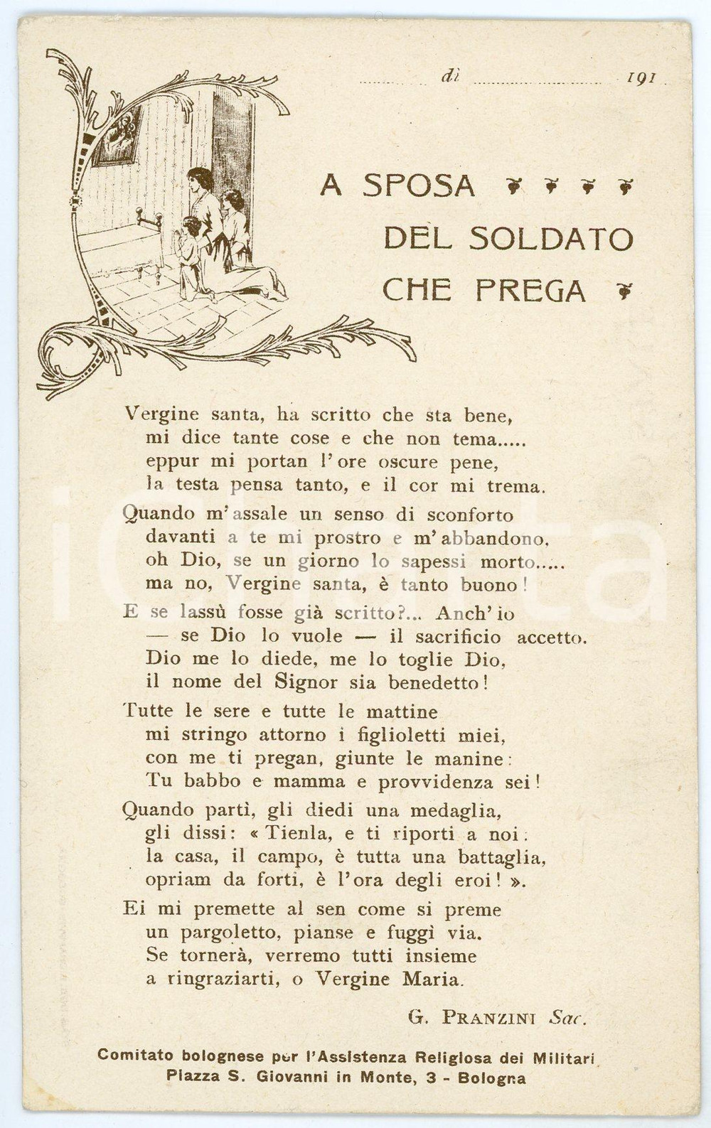 1915 ca WW1 - BOLOGNA La sposa del soldato che prega - Cartolina FP NV  Cartolina d'epoca, non viaggiata.Con una preghiera del sacerdote G. Pranzani.EDITORE: Comitato Bolognese per l'Assistenza Religiosa dei Militari FAIR/discreto lievi smussature agli angoli Formato: FP originale e autentica 1